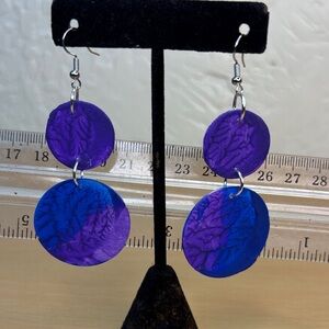 Purple and Blue Dangling circle wooden paint Earrings